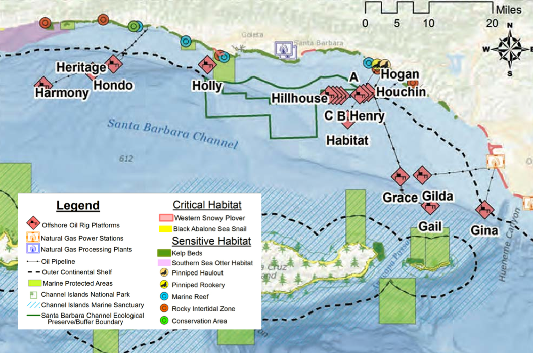 Sitios de fractura hidráulica en alta mar en el Canal de Santa Bárbara, California. (Fuente: FracTracker Alianza)